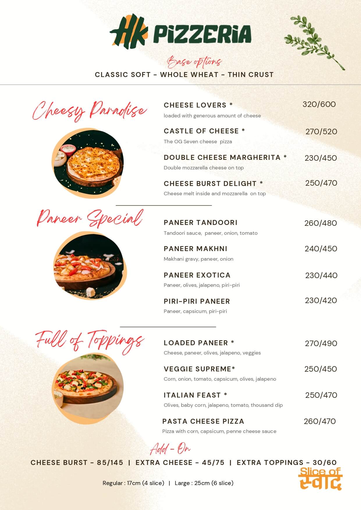HK Pizzeria Menu — Cheesy Paradise, Paneer Special, Full of Toppings
