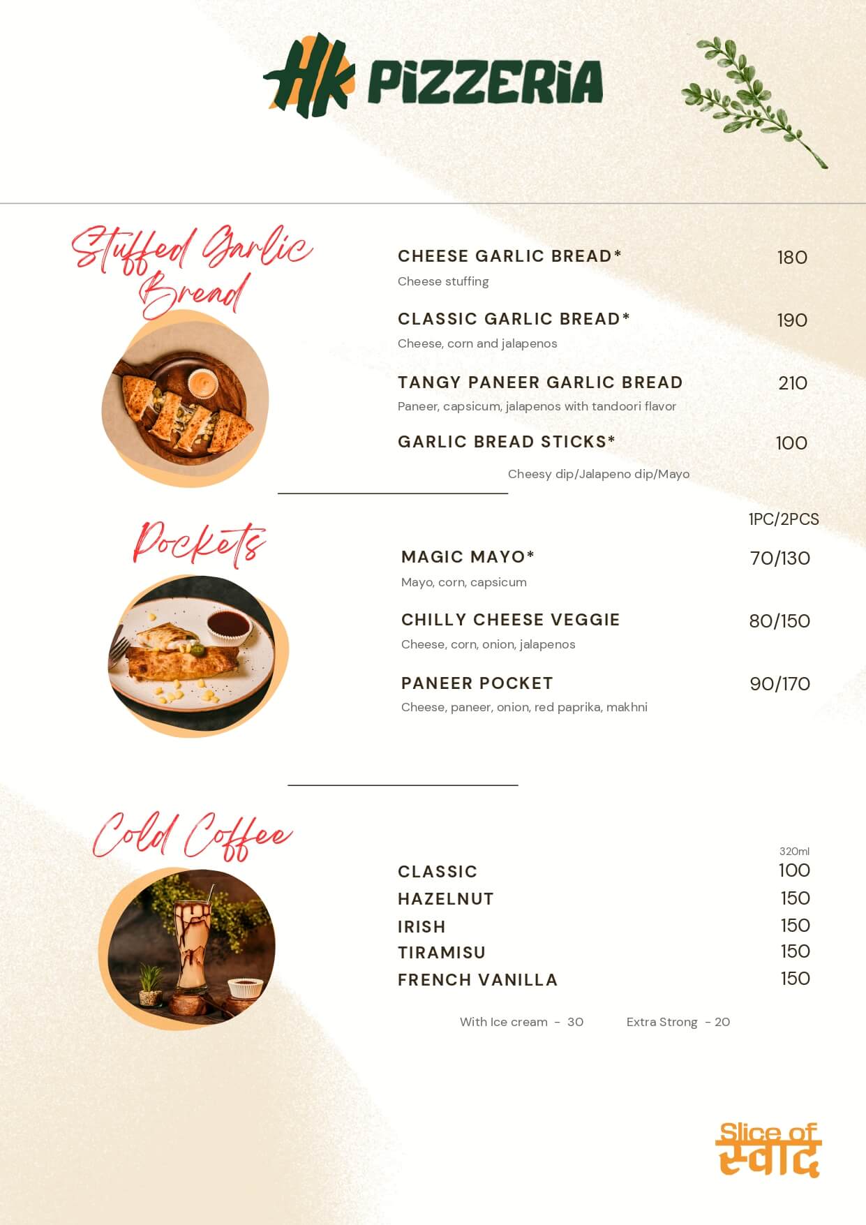 HK Pizzeria Menu — Stuffed Garlic Bread, Pockets, Cold Coffee