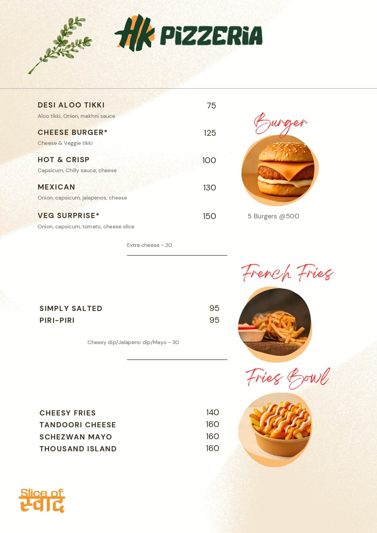 HK Pizzeria Menu — Burgers, French Fries, Fries Bowl