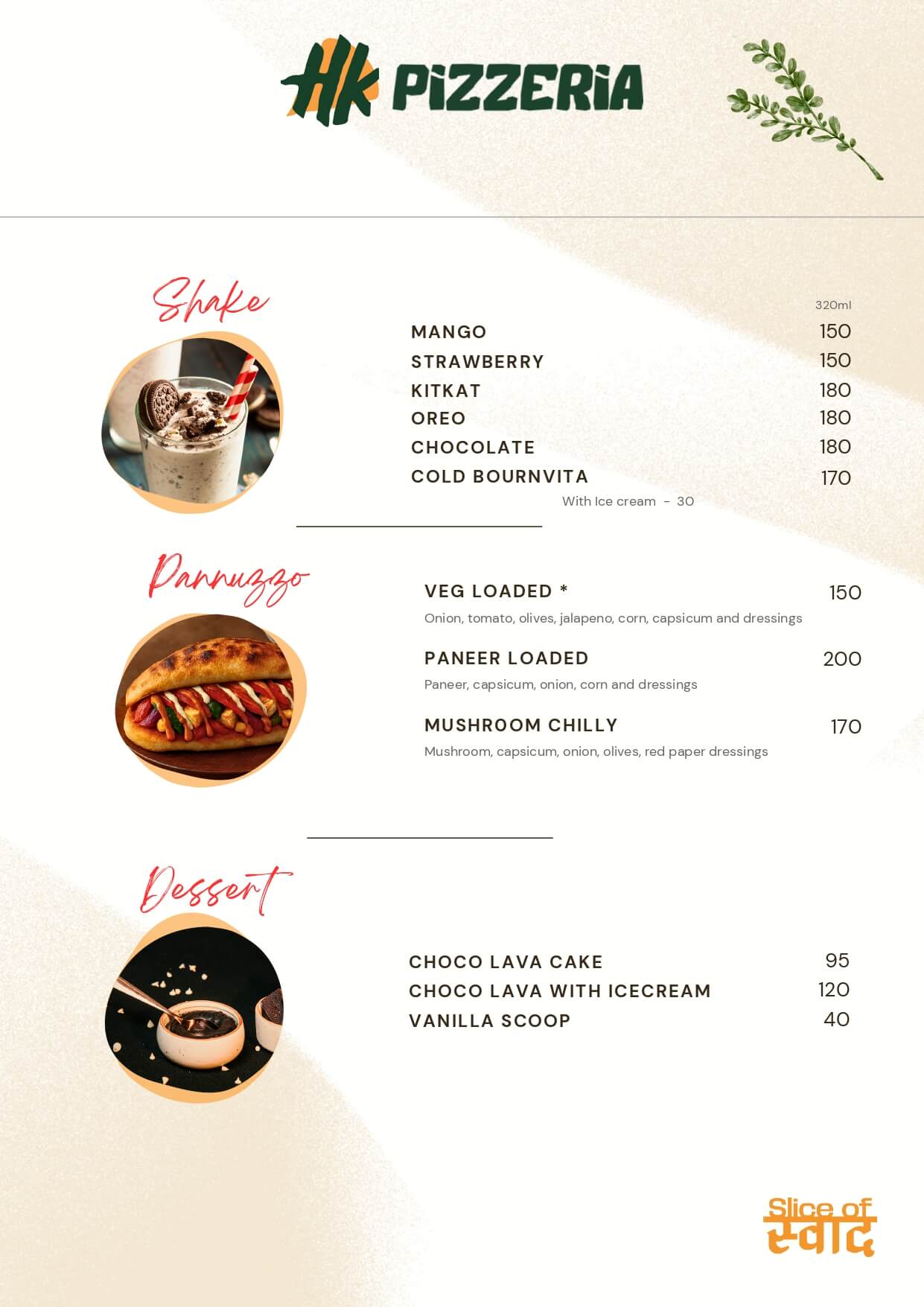 HK Pizzeria Menu — Shakes, Pannuzzo, Desserts