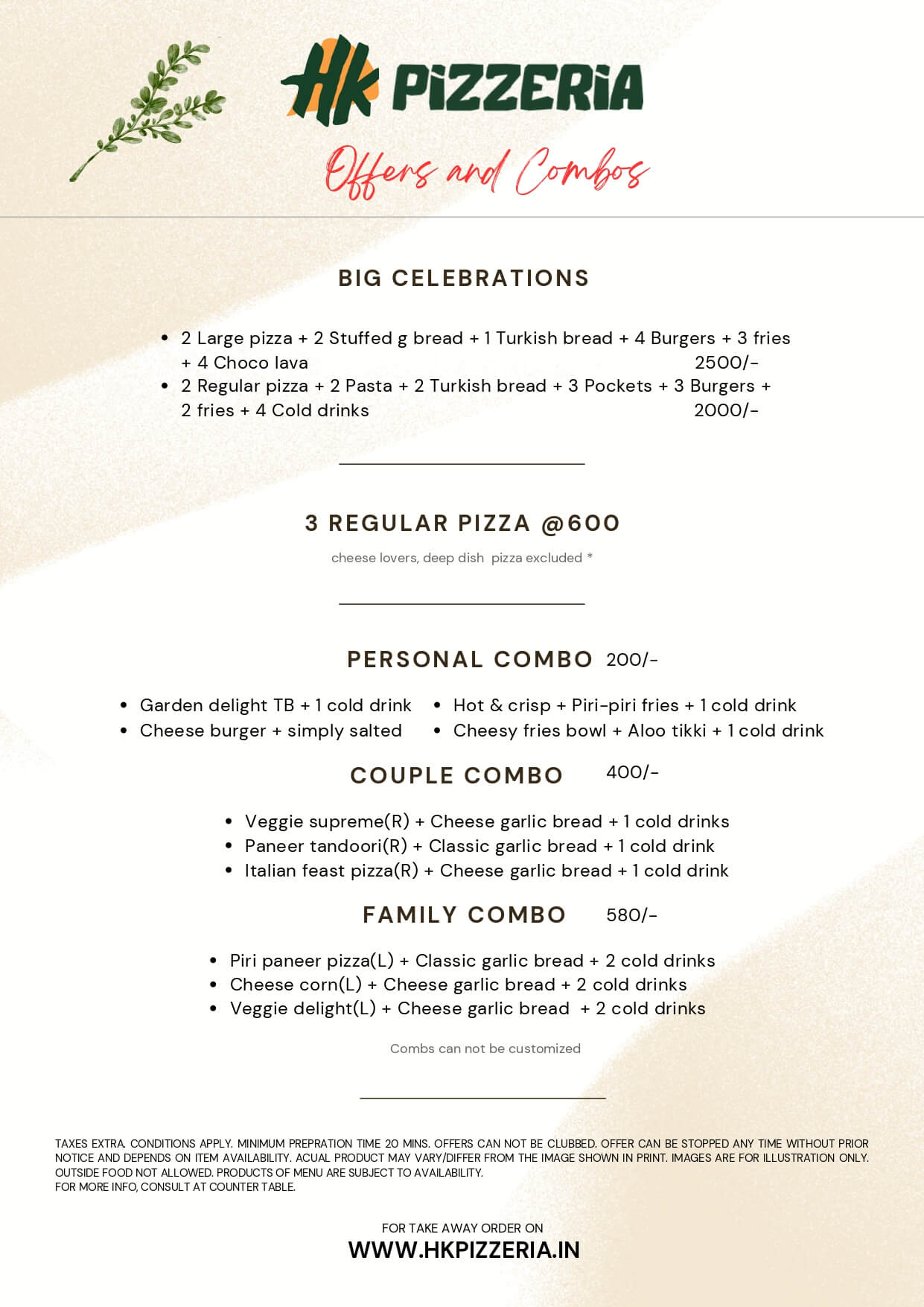 HK Pizzeria Menu — Offers, Combos, Big Celebrations